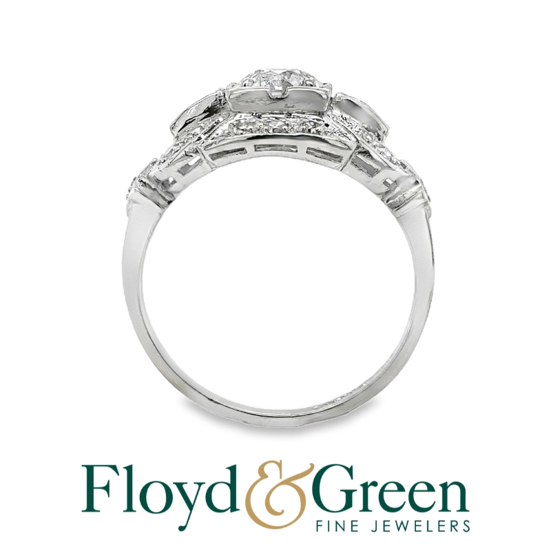 Art Deco 1920s Platinum Diamond Ring, 1 Old European, 0.82ct, 4 Baguette, 0.05ct, 16 Single-cut, 0.22ct, J VS2