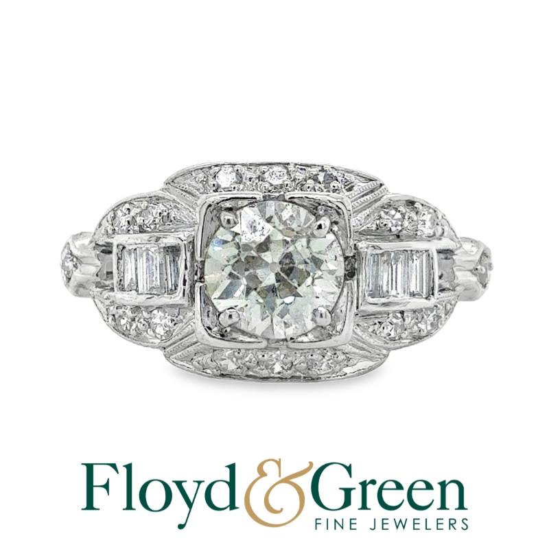 Art Deco 1920s Platinum Diamond Ring, 1 Old European, 0.82ct, 4 Baguette, 0.05ct, 16 Single-cut, 0.22ct, J VS2