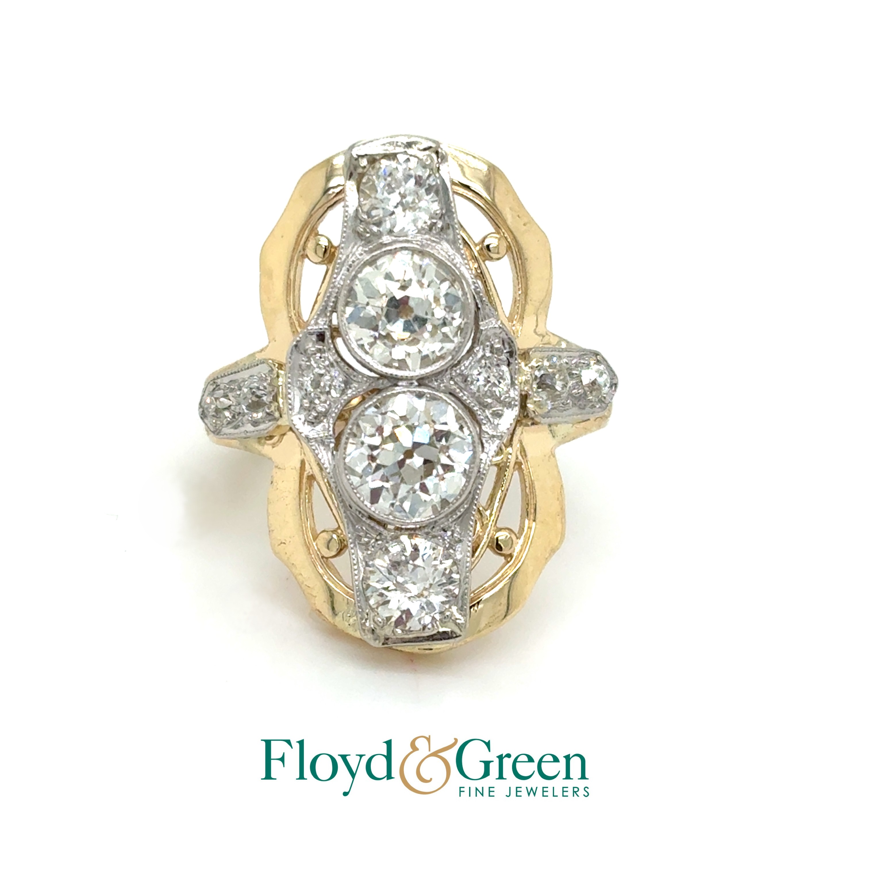 Art Deco 1910-1925 14KTT  Diamond Ring, 8 Old Euro, 1.78ct, J VS2, 1 Old Euro, 0.38ct, J I1, 1 Old Euro, 0.21ct, J SI2, Sizze 5.5