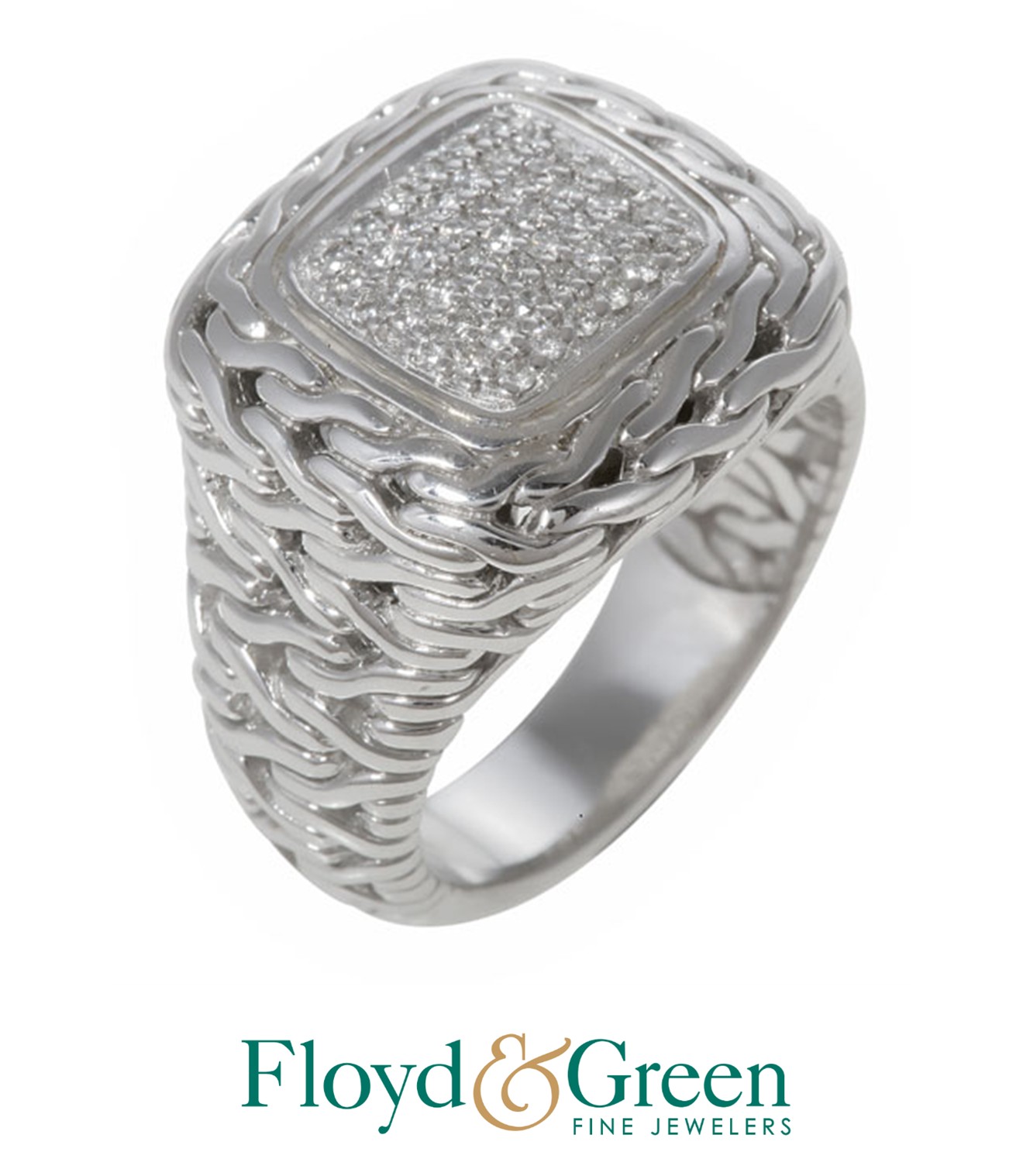 John Hardy Sterlig Silver Classic Chain Dia .25ct Pave Sm Sq Ring, Size 6.5