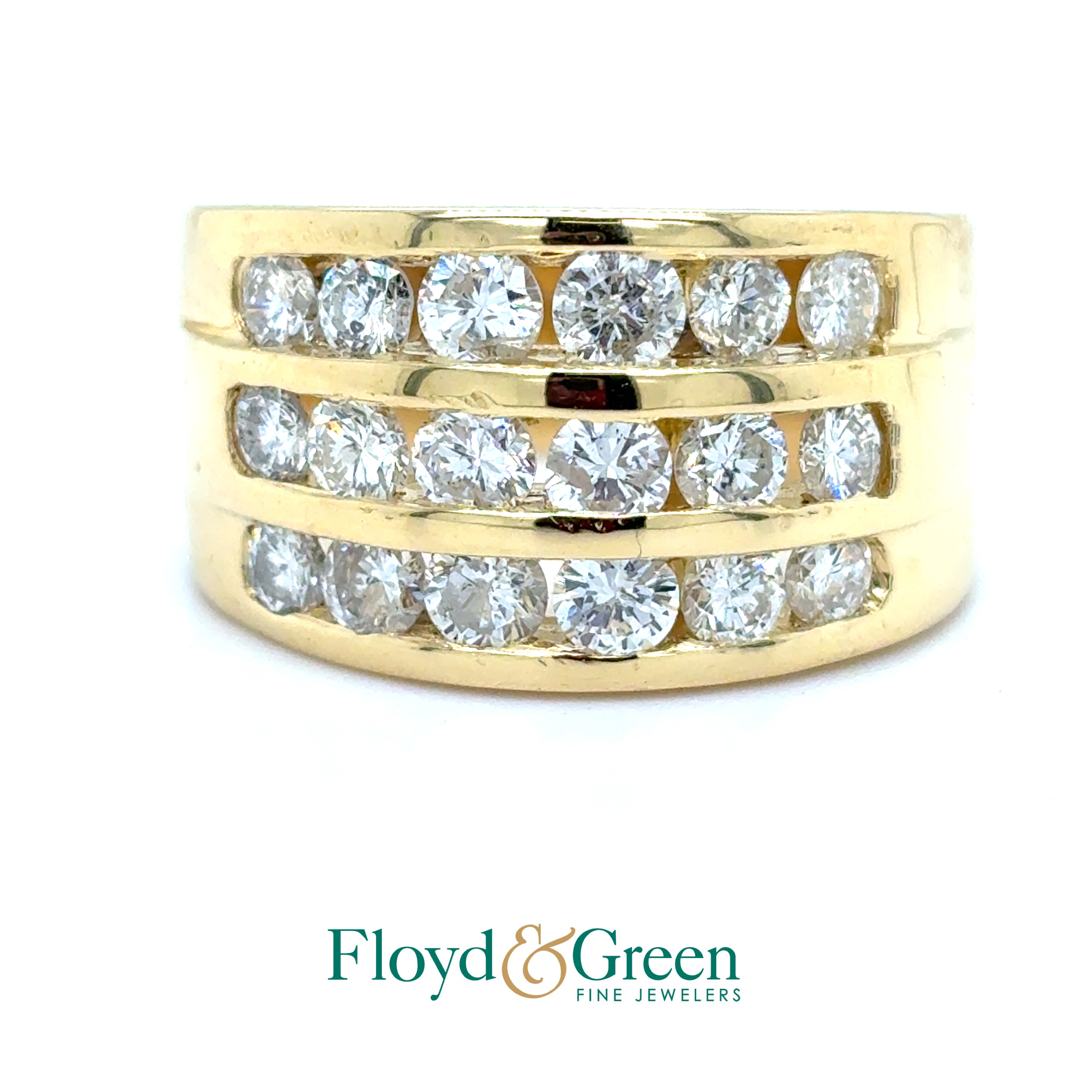 18KY Three Row Diamond Ring, 18 Round, 2.16ct, H-I SI2-I1, Size 6.25