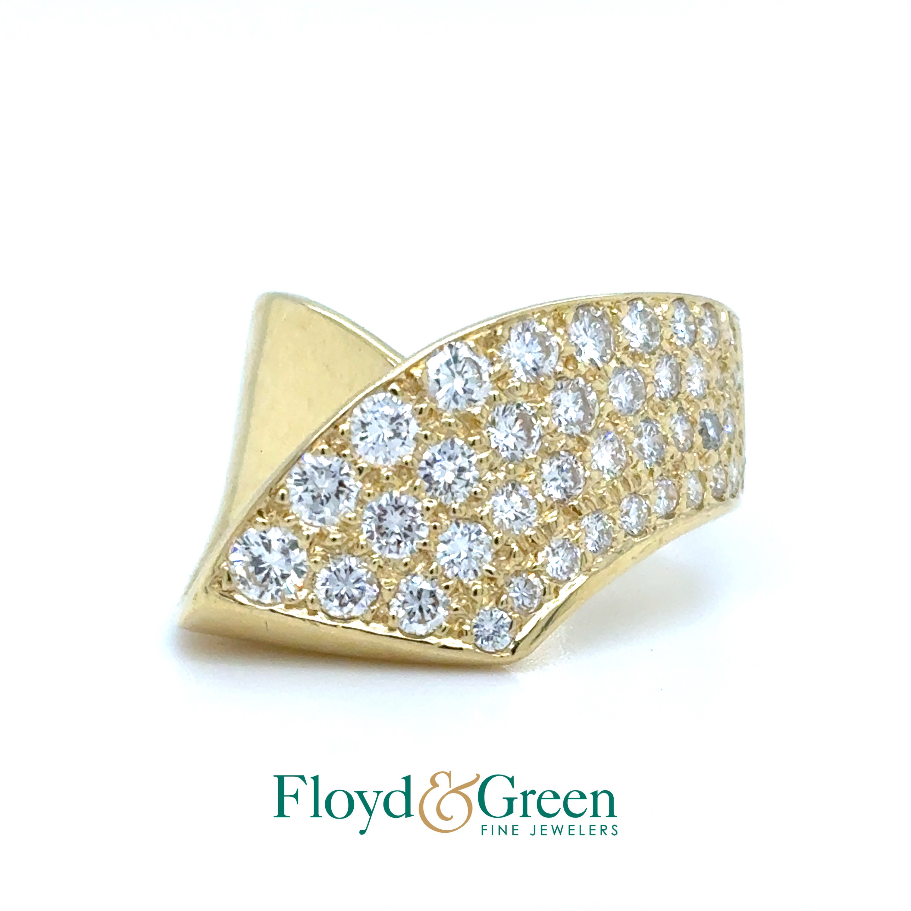 18KY Diamond Cluster Ribbon Ring, 29 Round, 0.96ct, H VS1, Size 6.5