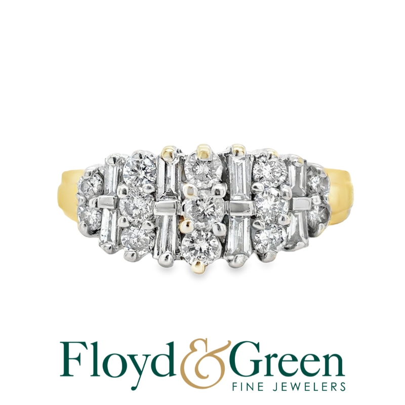 14K Two-Tone Diamond Cluster Ring, 13 Round, 0.53ct, 10 Baguette, 0.34ct, I SI1-SI2, Size 8.75
