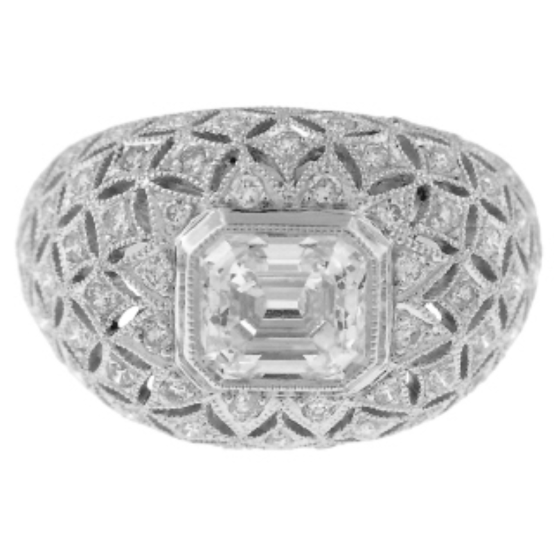 Platinum emerald cut diamond 1.06ct D/SI1 and diamonds 0.53ct G-H/CS2-SI1 fashion ring size 6.5
