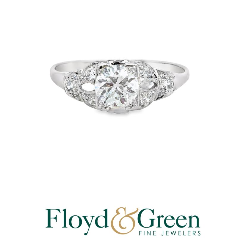 Platinum Diamond Engagment Ring, 1 Old-European, 0.72ct, J SI1, 6 Round, 0.11ct, I-J SI1, Size 8