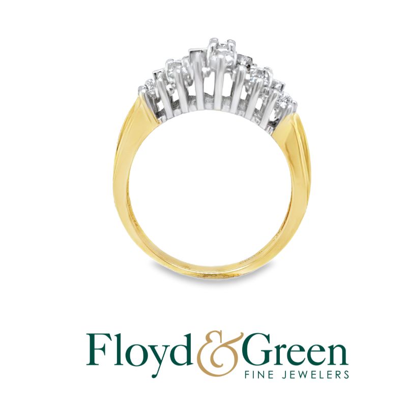 14K Two-Tone Diamond Cluster Ring, 13 Round, 0.56ct, 8 Baguette, 0.25ct, I SI1-SI2, Size 9.25