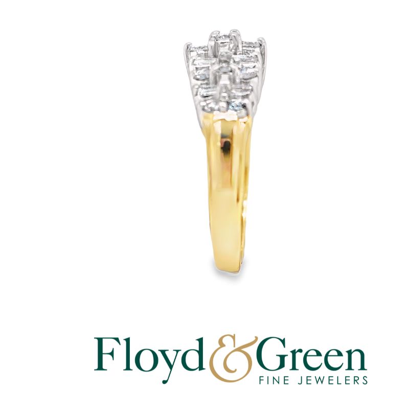 14K Two-Tone Diamond Cluster Ring, 13 Round, 0.56ct, 8 Baguette, 0.25ct, I SI1-SI2, Size 9.25