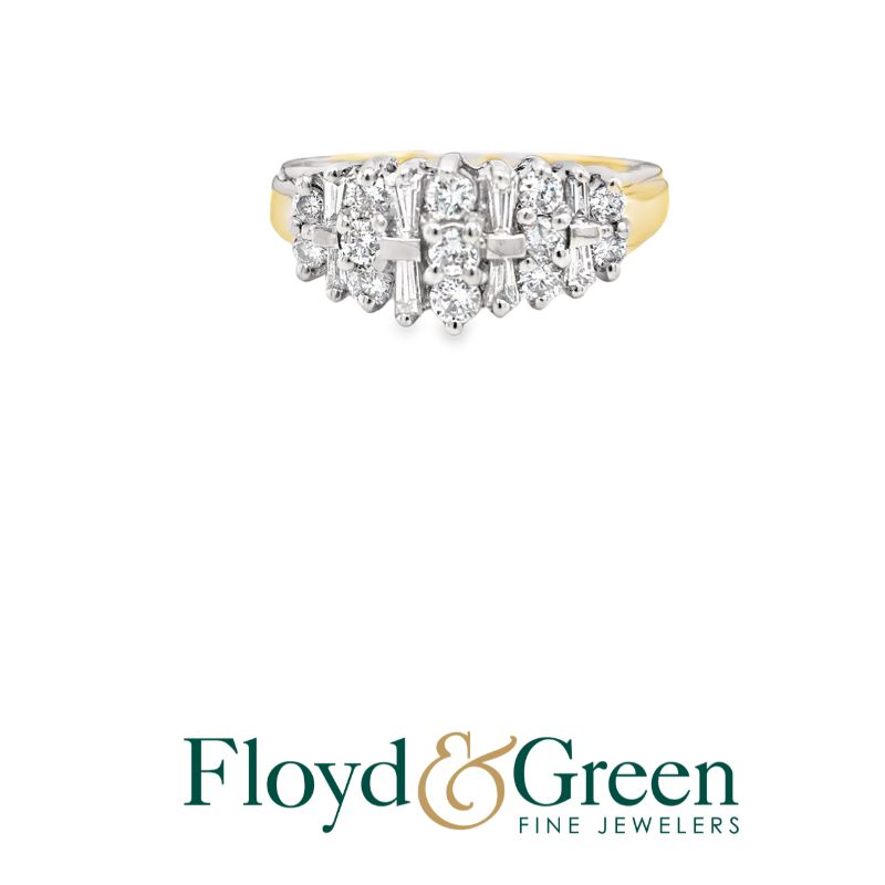 14K Two-Tone Diamond Cluster Ring, 13 Round, 0.56ct, 8 Baguette, 0.25ct, I SI1-SI2, Size 9.25