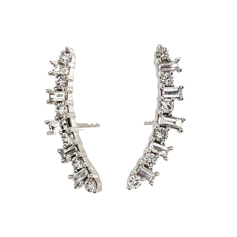 Alternating Round & Baguette Diamond Crawler Earrings