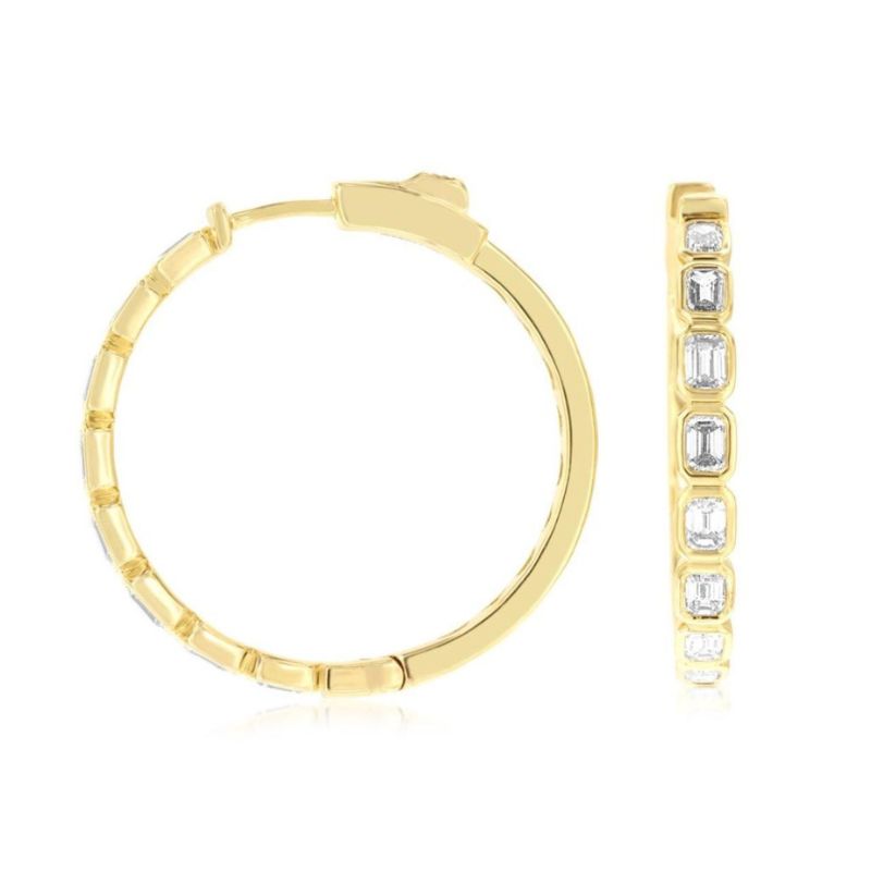 Bezel Set Emerald Cut Diamond Hoop Earrings