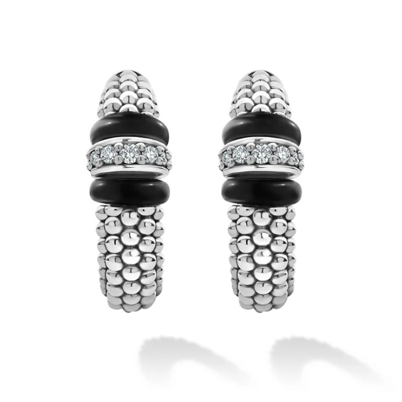 LAGOS Black Caviar Ceramic Caviar Diamond Hoop Earrings