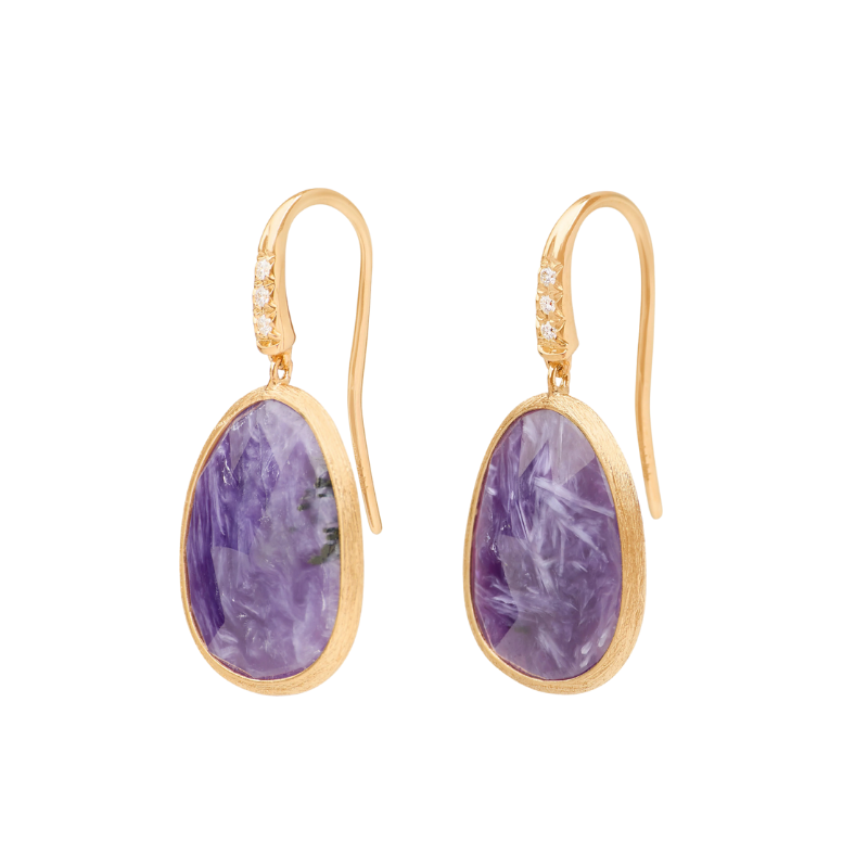 18KY Hand Engraved Earrings with Charoite & Brilliant Cut Dia 0.039ctw - Lunaria