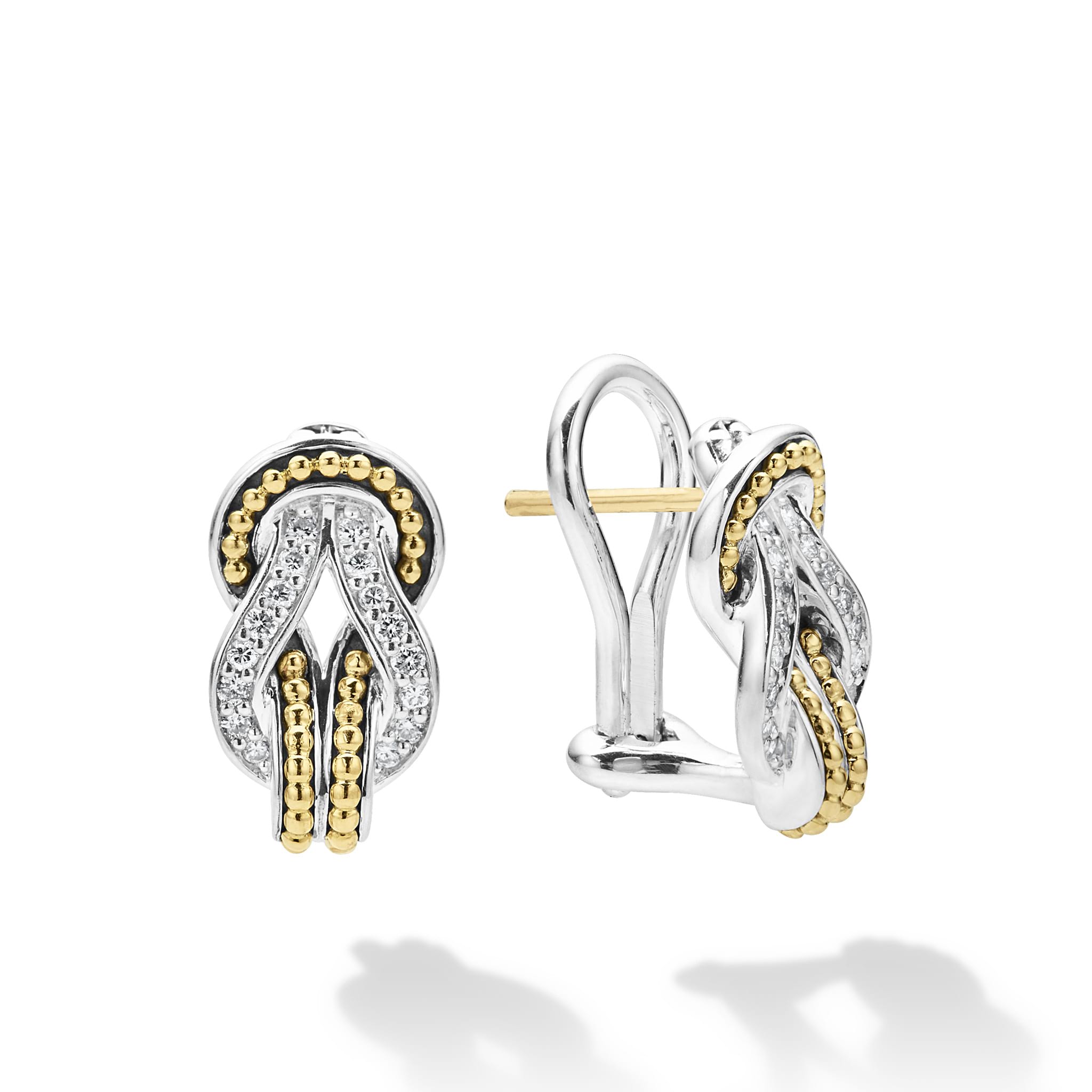 LAGOS: NEWPORT LARGE TWO TONE KNOT DIAMOND OMEGA CLIP EARRINGS
