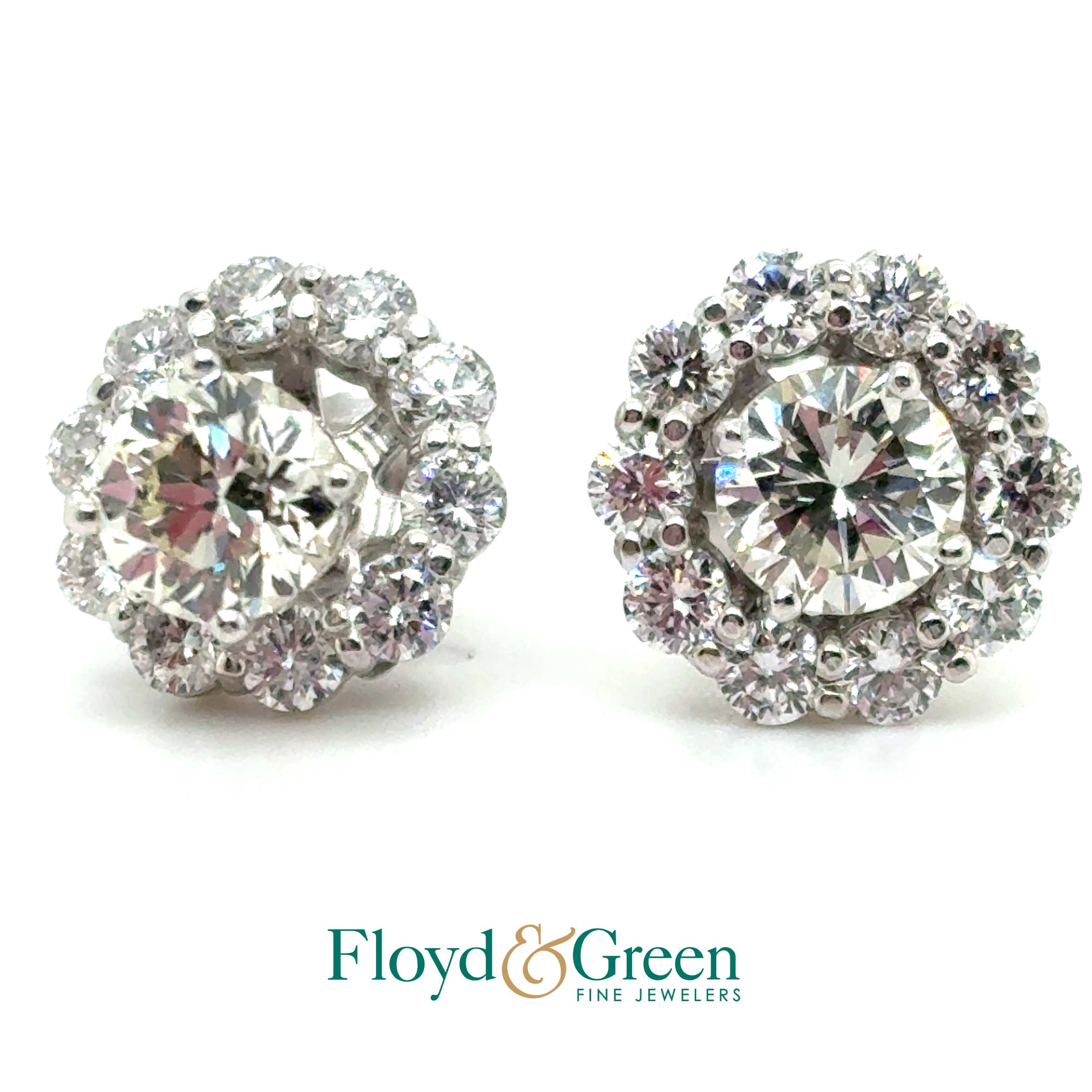 14KW Diamond Halo Earrings, 2 Round, 1.24ct, L VS1, 20 Round, 1.10ct, H VS1