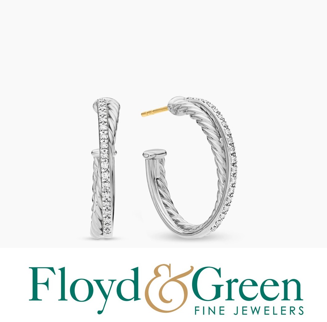 David Yurman Sterling Silver & 14KW Diamond Crossover Hoop Earrings