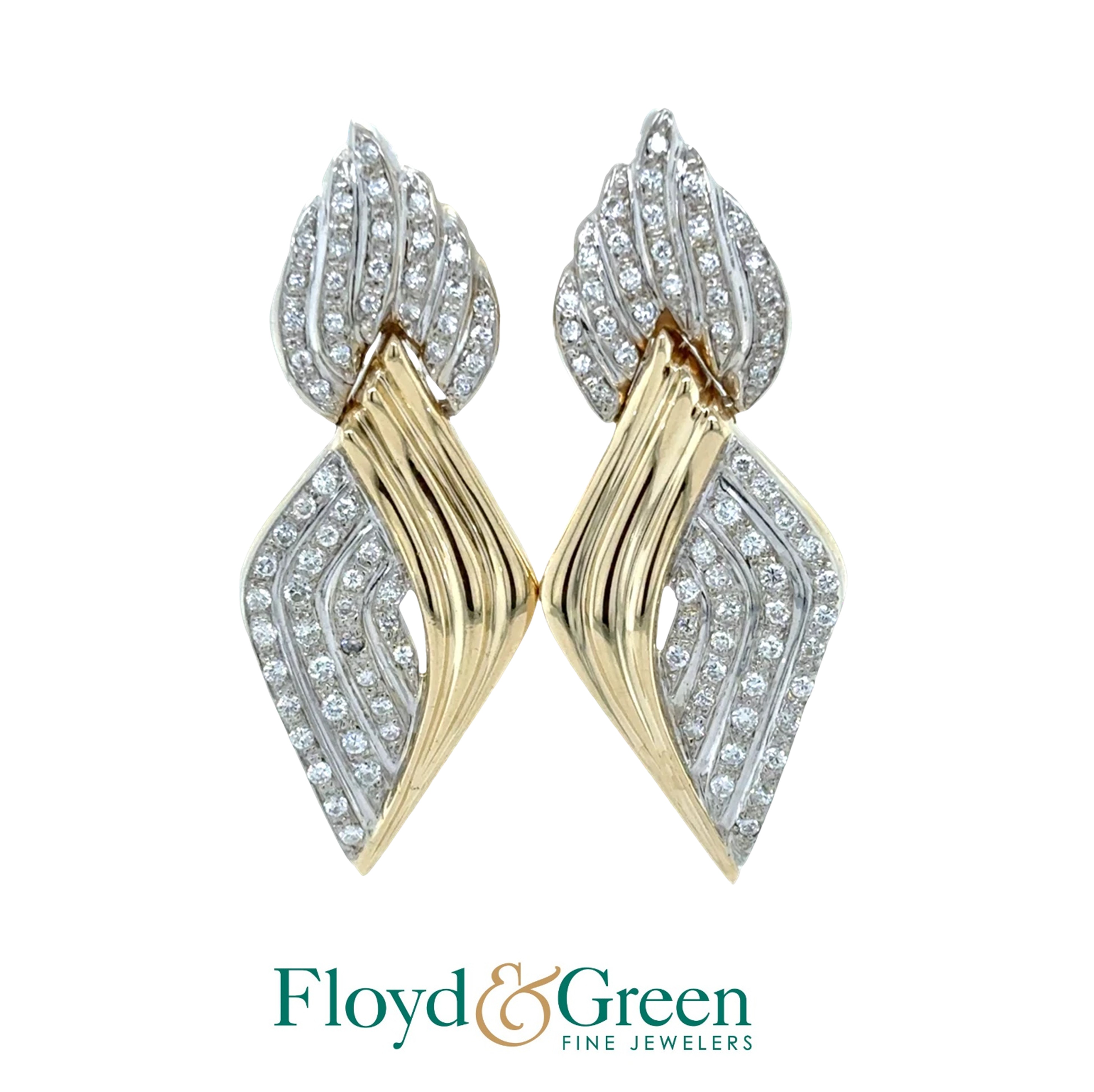 14K Two-tone Diamond Dangle Earrings, 114 Round, 1.52ct, G/H VS2-SI1