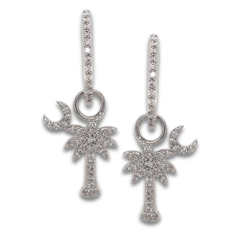 Diamond Palmetto Tree & Moon Charm Drop Hoop Earrings