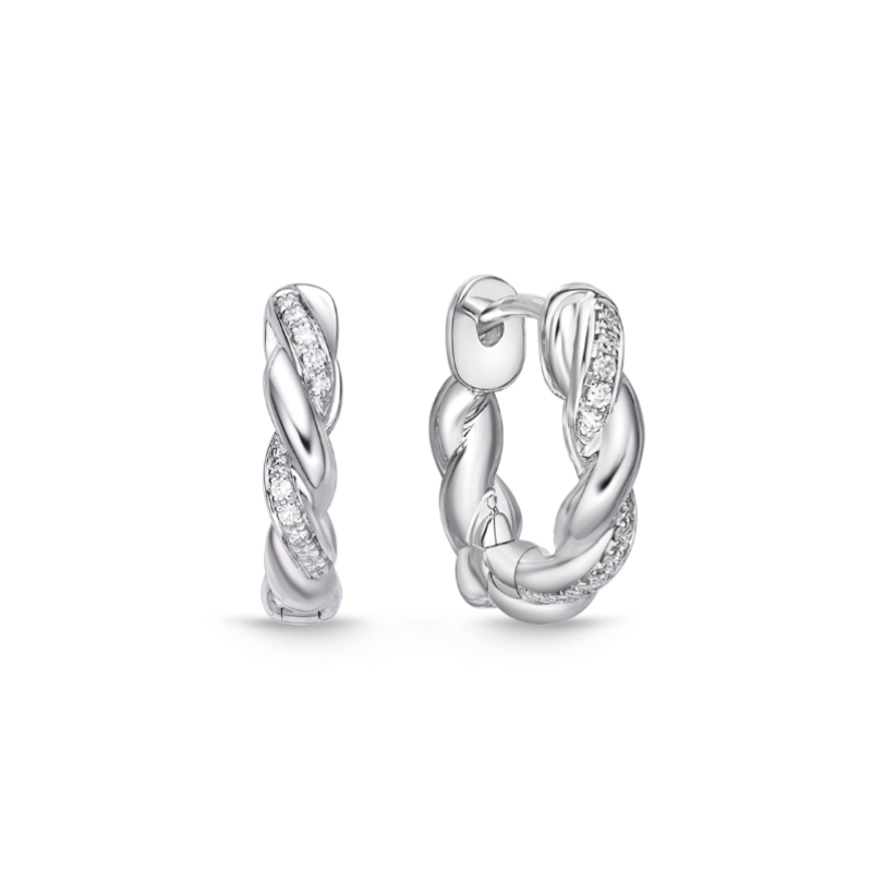 18KW Vine Twisted Pavé Huggie Earrings .07ctw