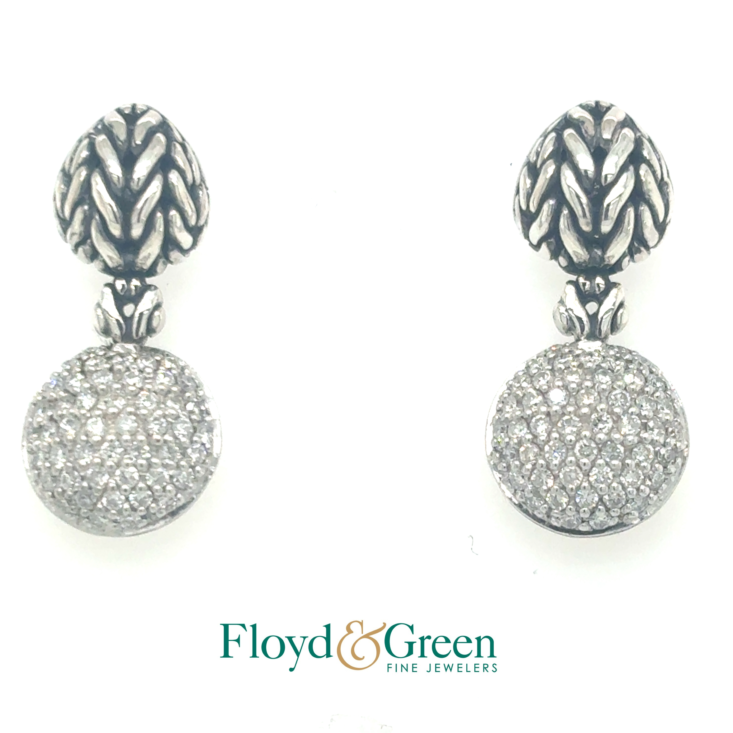 John Hardy Sterling Silver Dangle Pavé  Diamond Earrings, 1ct, Round, H VS2