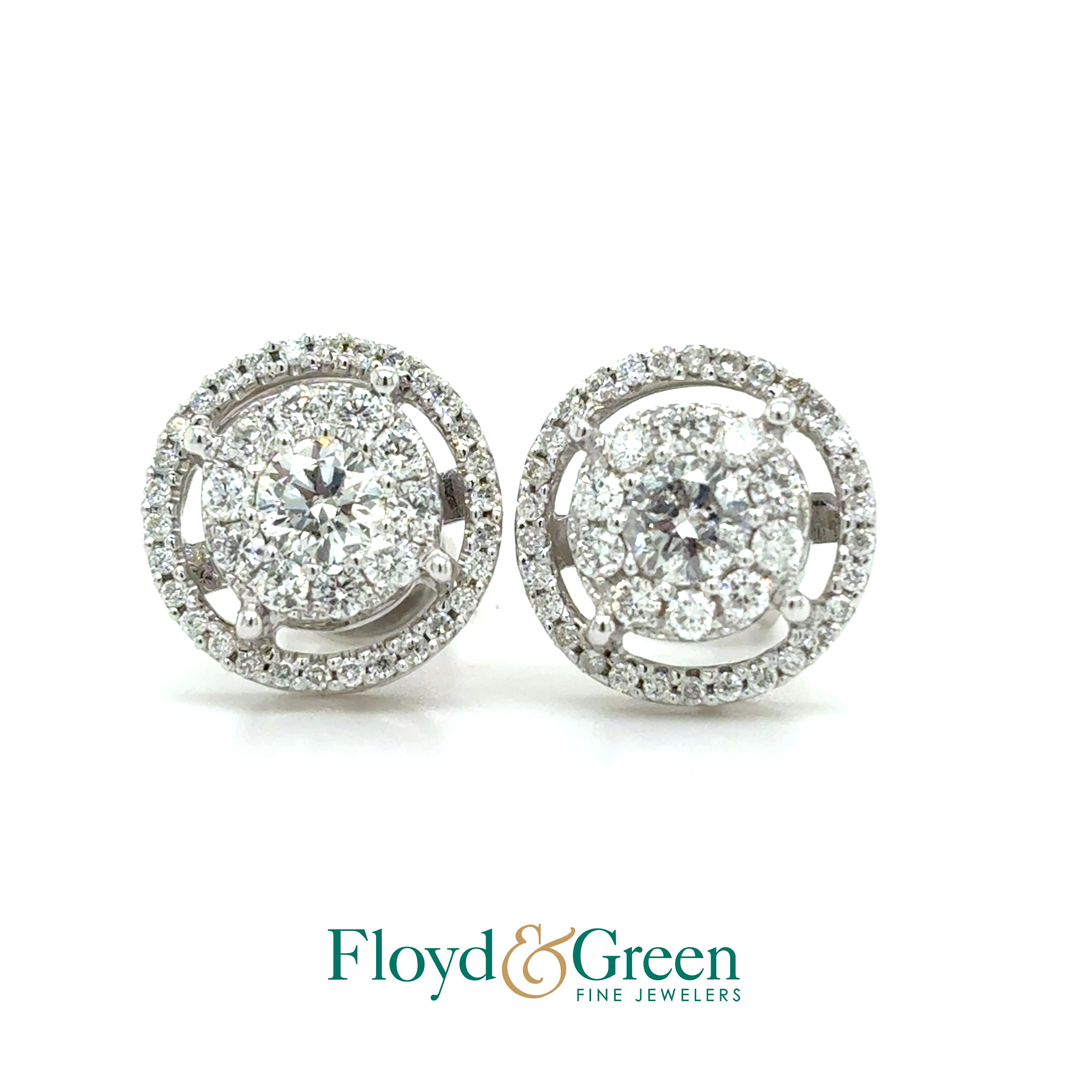 14KW Diamond Halo Earrings, 2 Round, 0.48ct, H I1, 80 Round, 0.76ct, H SI2-I1