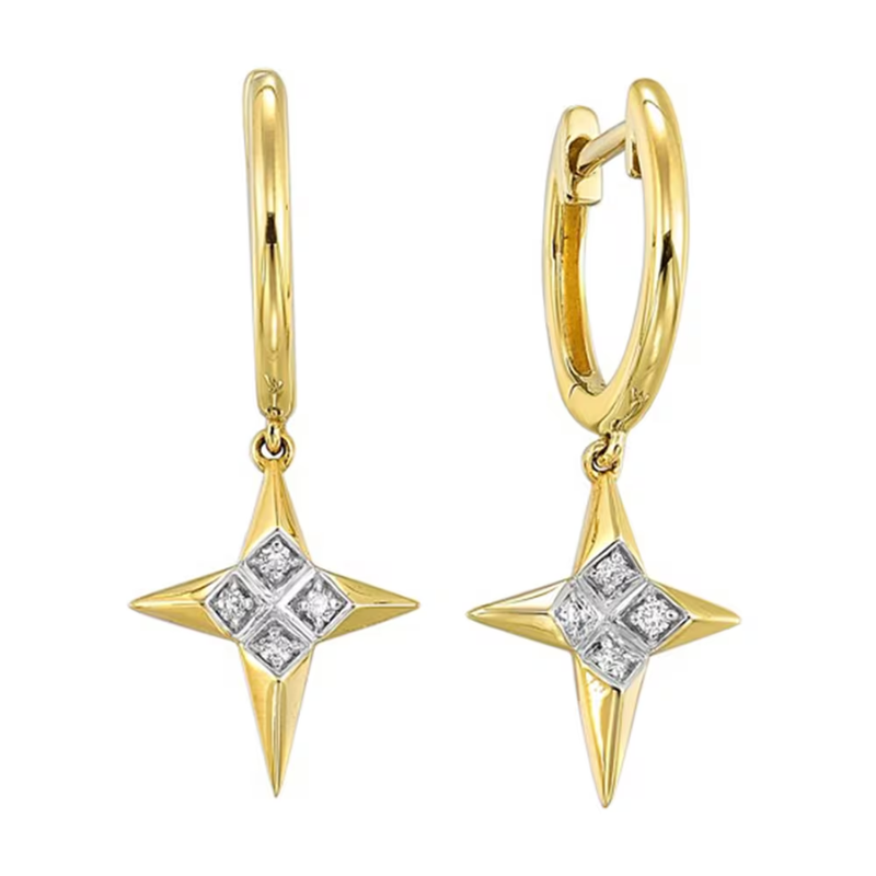 14Kt Gold Diamond Star Dangle Hoop Earring