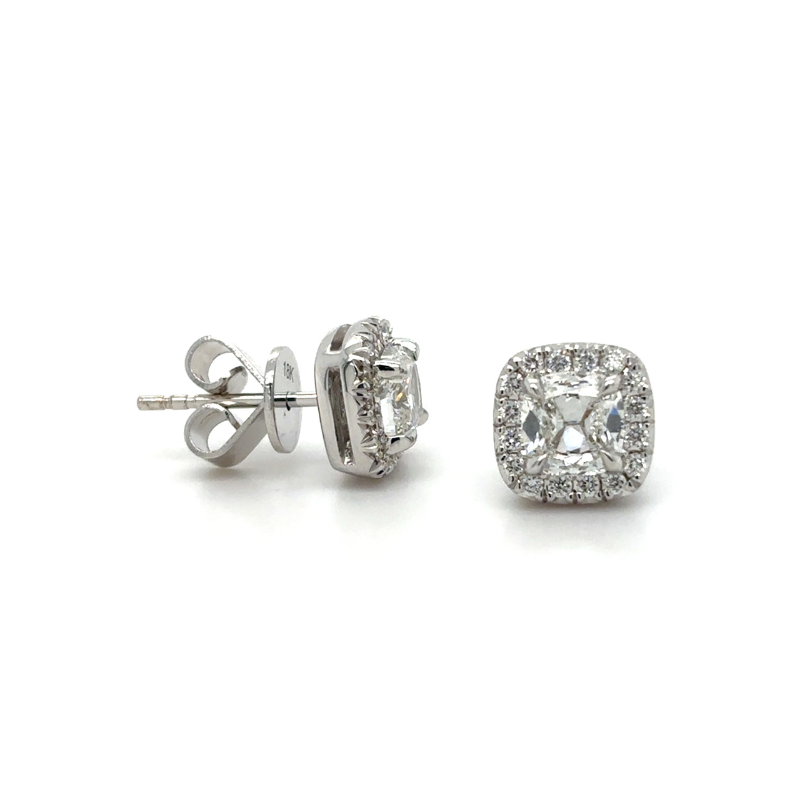 18KW Cushion Dia 1.05ctw F/VS1 w/ Halo .19ctw I/SI1 Stud Earrings