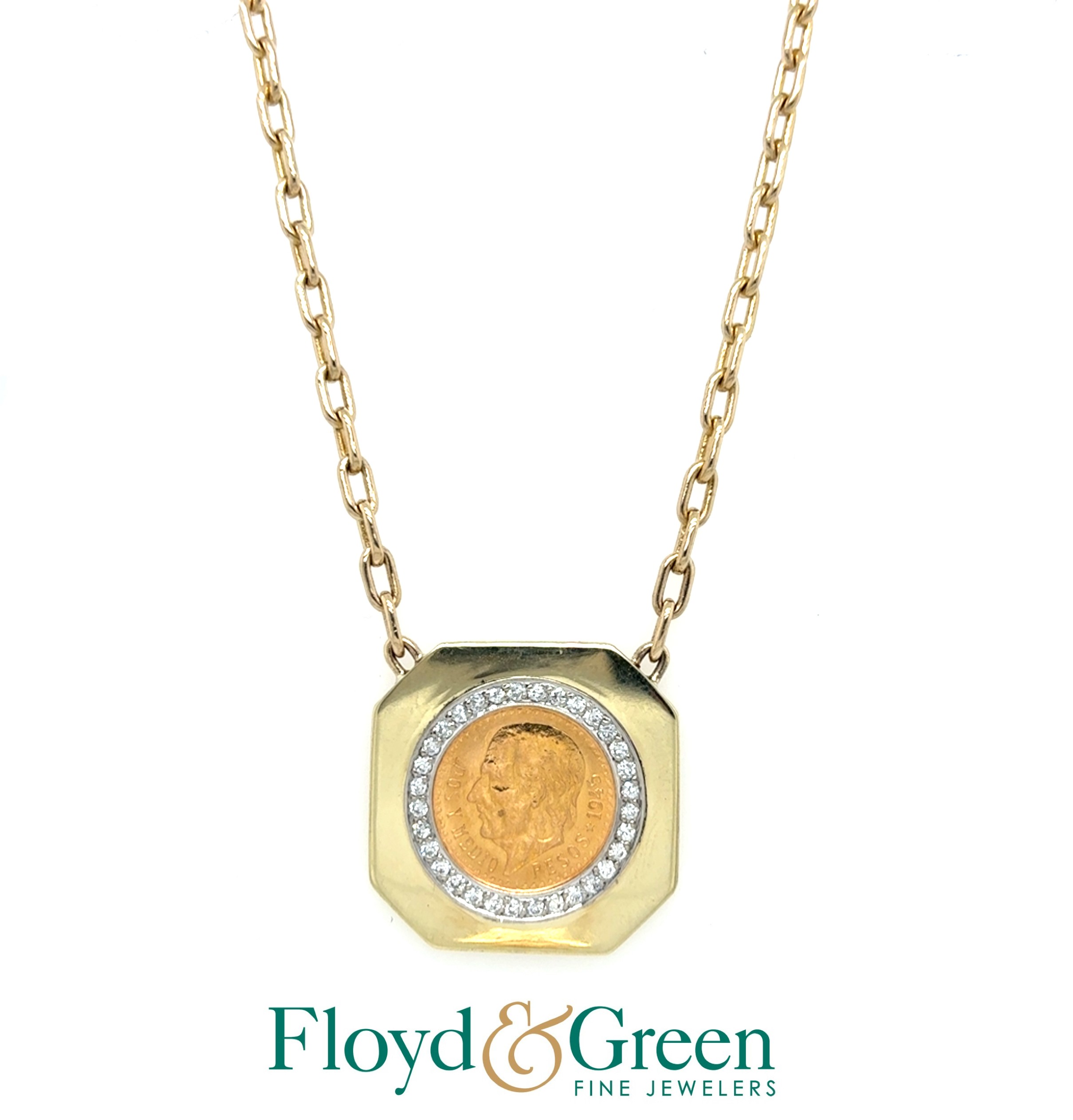 14K Two-Tone Diamond Coin Pendant, 32 Round, 0.51ct, G-H VS2, hung on Cable Link Chain, 15.5 inch