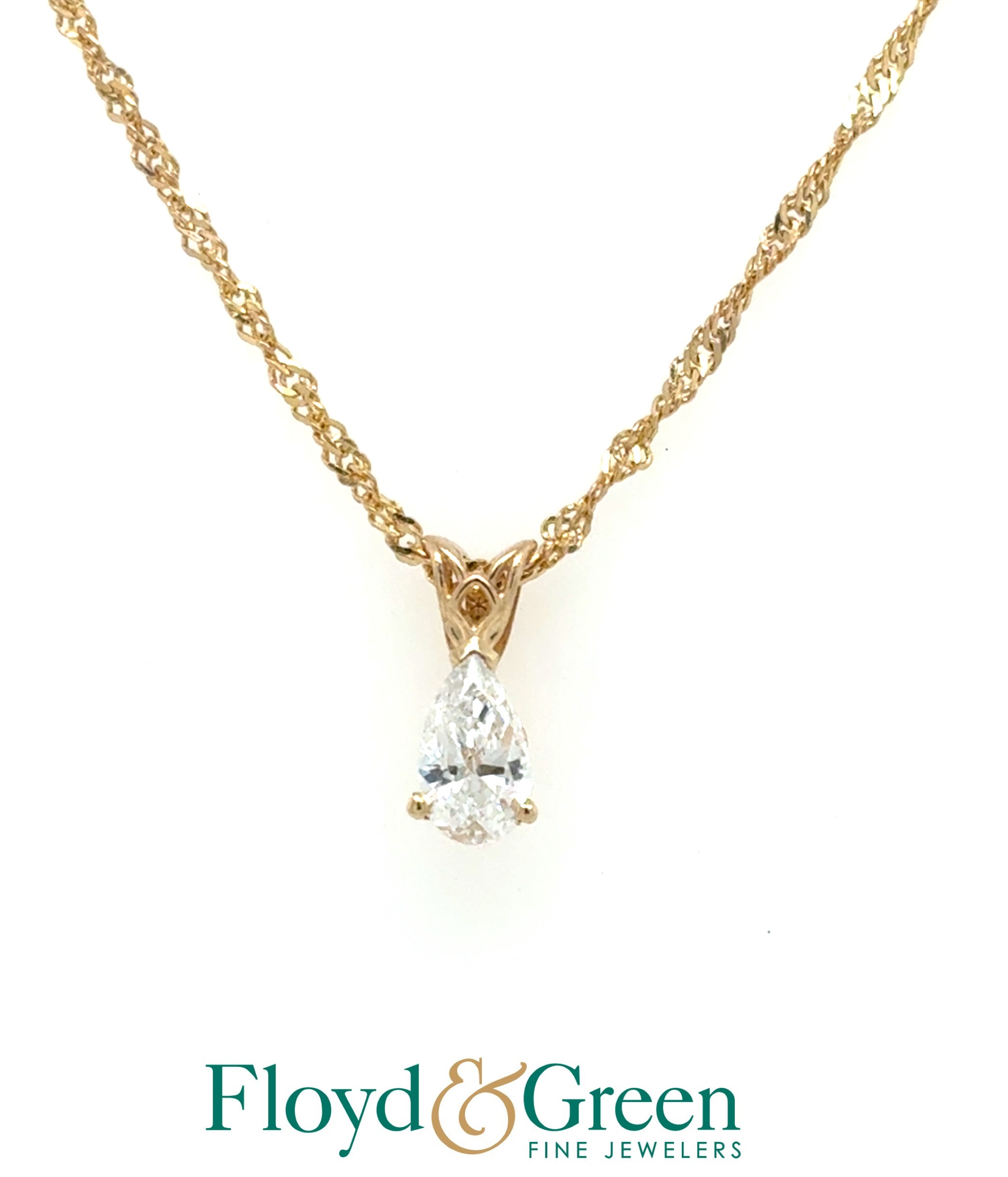 14KY Diamond Solitaire Pendant, 1 Pear-shaped, 0.35ct, I VS2, with 14KY Rope Chain, 17.75 inch