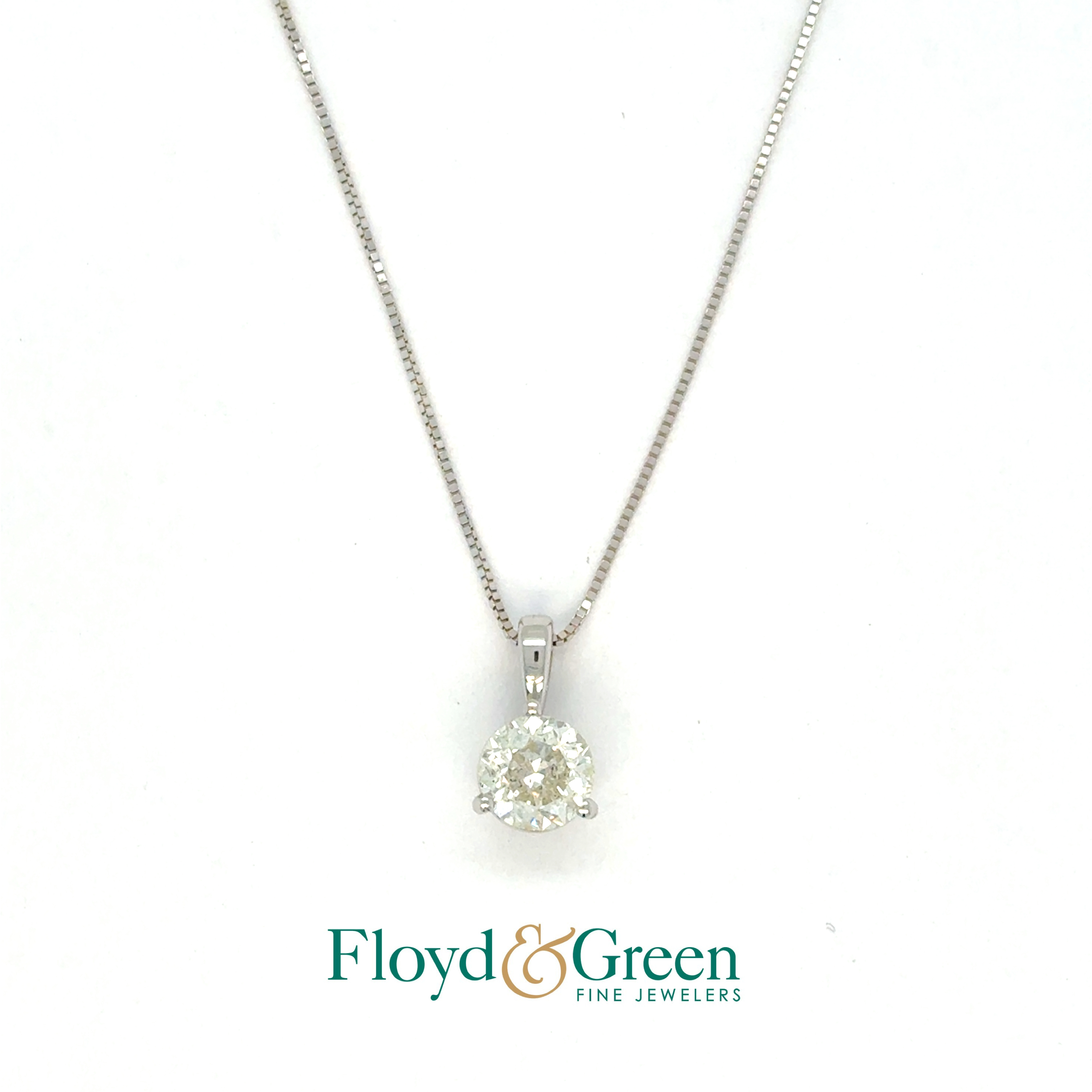 14KW Diamond Solitaire Pendant, 0.82ct, K I1, on 14KW Box Link Chain, 18 inch