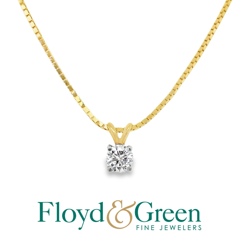 14K Two-tone Diamond Solitaire Pendant, Round, 0.61ct, J SI2, on 14KY Box Link Chain, 18 inch