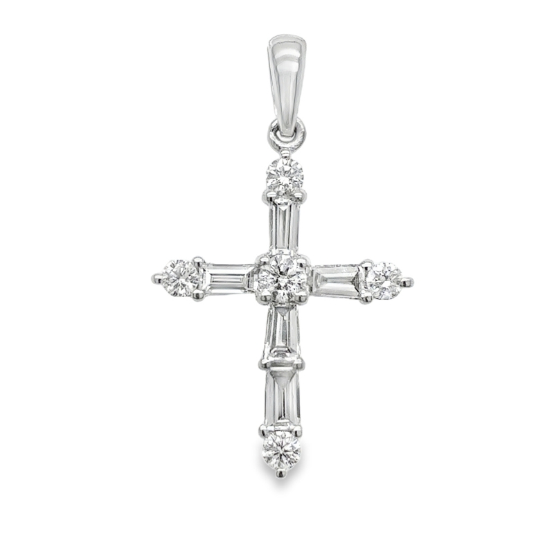 18 14KW Round & Baguette Diamond Cross Pendant .29ctw