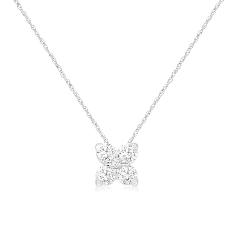 14K White Gold Diamond Flower Pendant Necklace