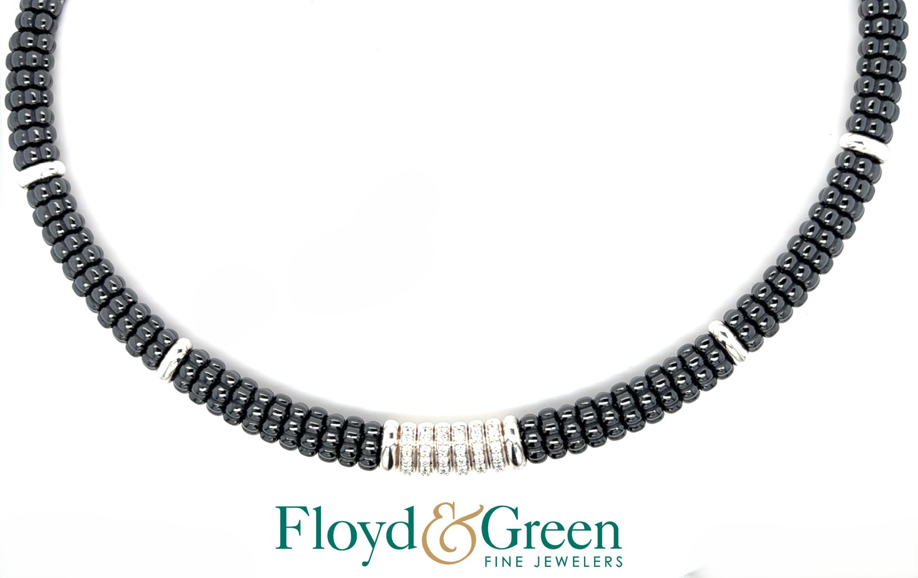 Lagos Sterling Silver Black Caviar Black Ceramic Diamond 6 Link Center 9MM Rope Necklace 16