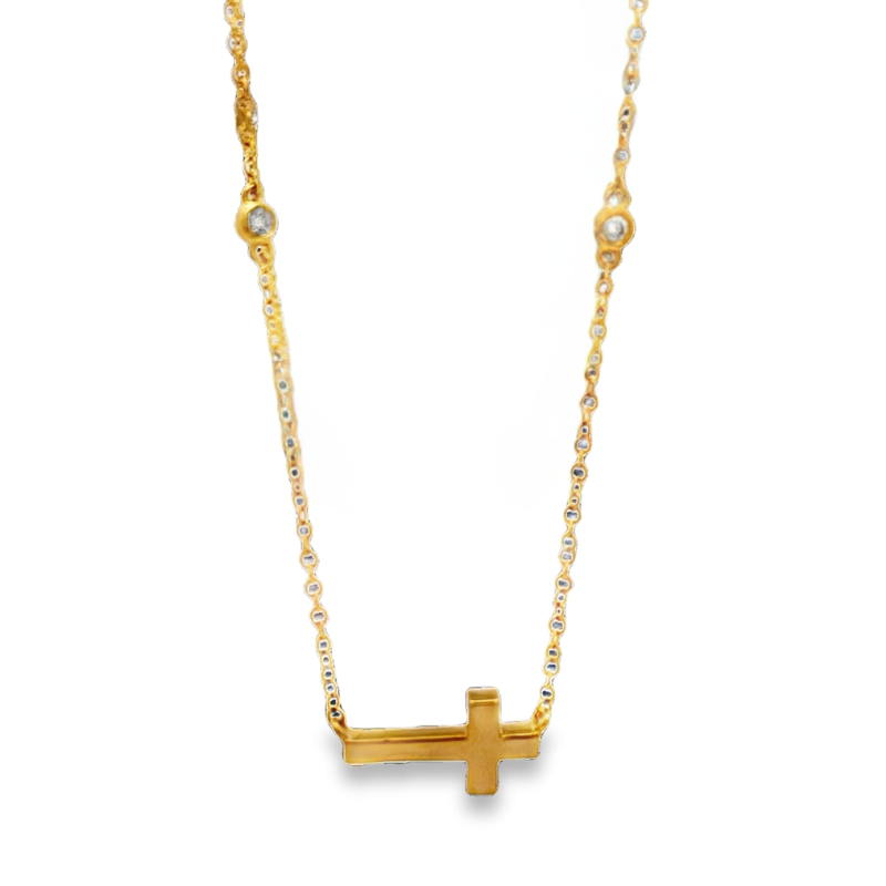 14KY East to West Cross w/ Bezel Set Dia .05ctw Necklace