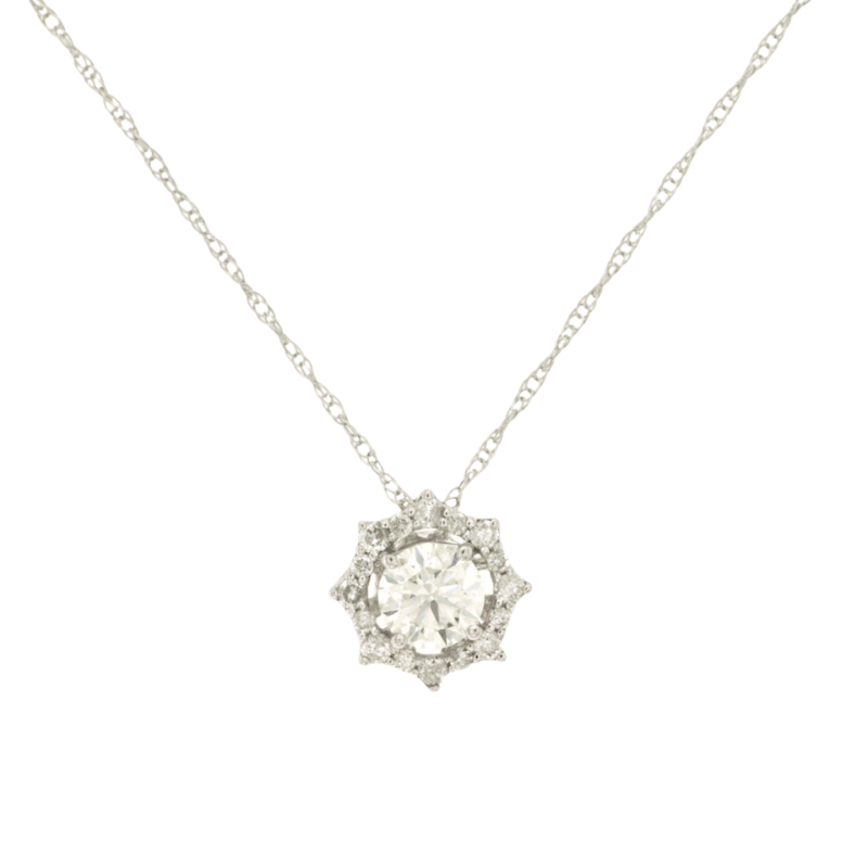 14K White Gold Diamond Halo Pendant Necklace