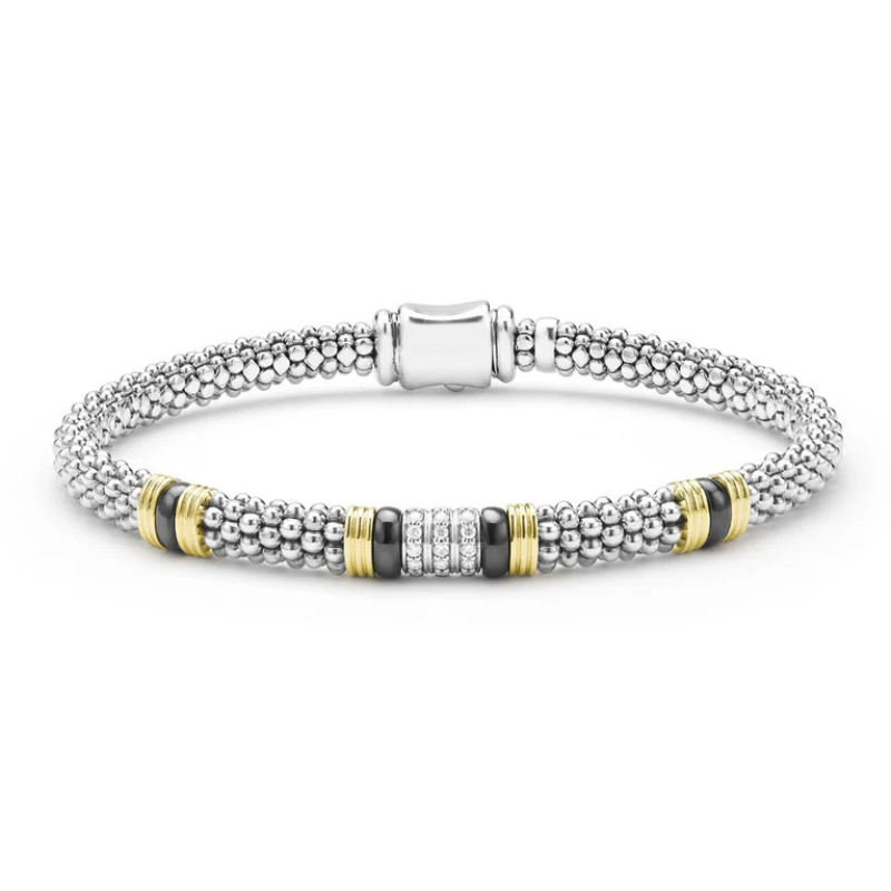 SS/18KY Black Caviar 3 Row Dia .15ctw G-H SI Station 6mm Bracelet Size 7