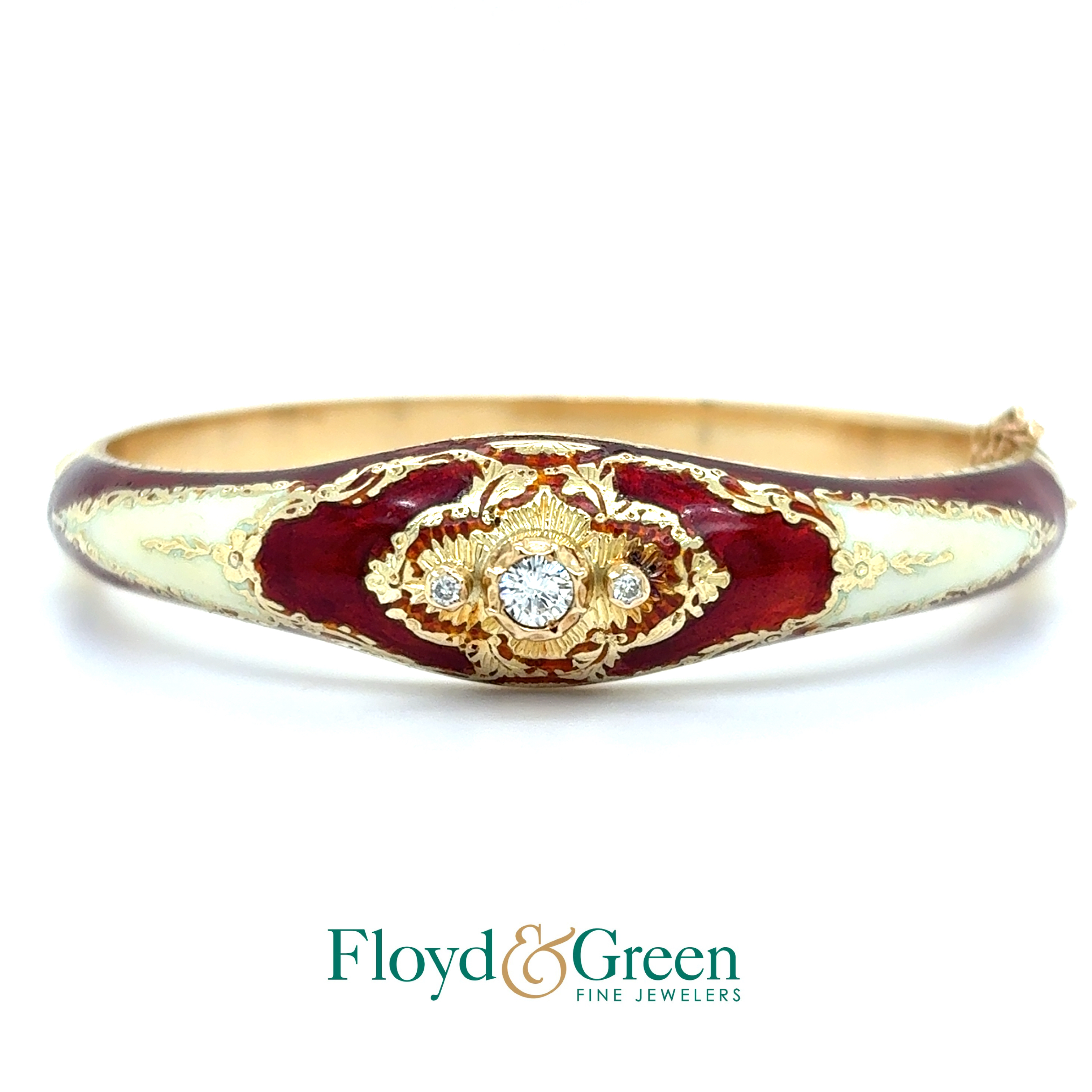14KY Vintage Diamond Bangle Bracelet with Red & Light Green Enamel, 3 Round Diamonds, 0.27ct, H VS2