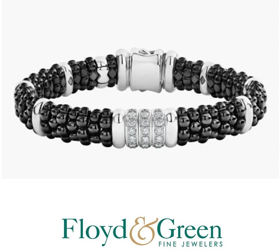 Lagos Sterling Silver Black Caviar Three Station Ceramic Diamond Bracelet, Round, 0.33ct, G-H SI, Size M