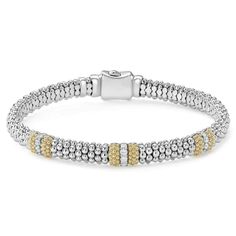 SS/18K Caviar Lux Three Station Diamond Caviar Bracelet 6MM  w/ .31ctw - Size Small +