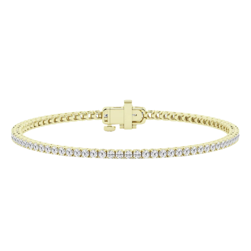 A timeless jewelry essential, this 14K yellow gold diamond tennis bracelet features 2 carats total weight of sparkling diamonds set in a classic, elegant design. The warmth of polished yellow gold beautifully complements the brilliance of each diamond, cr