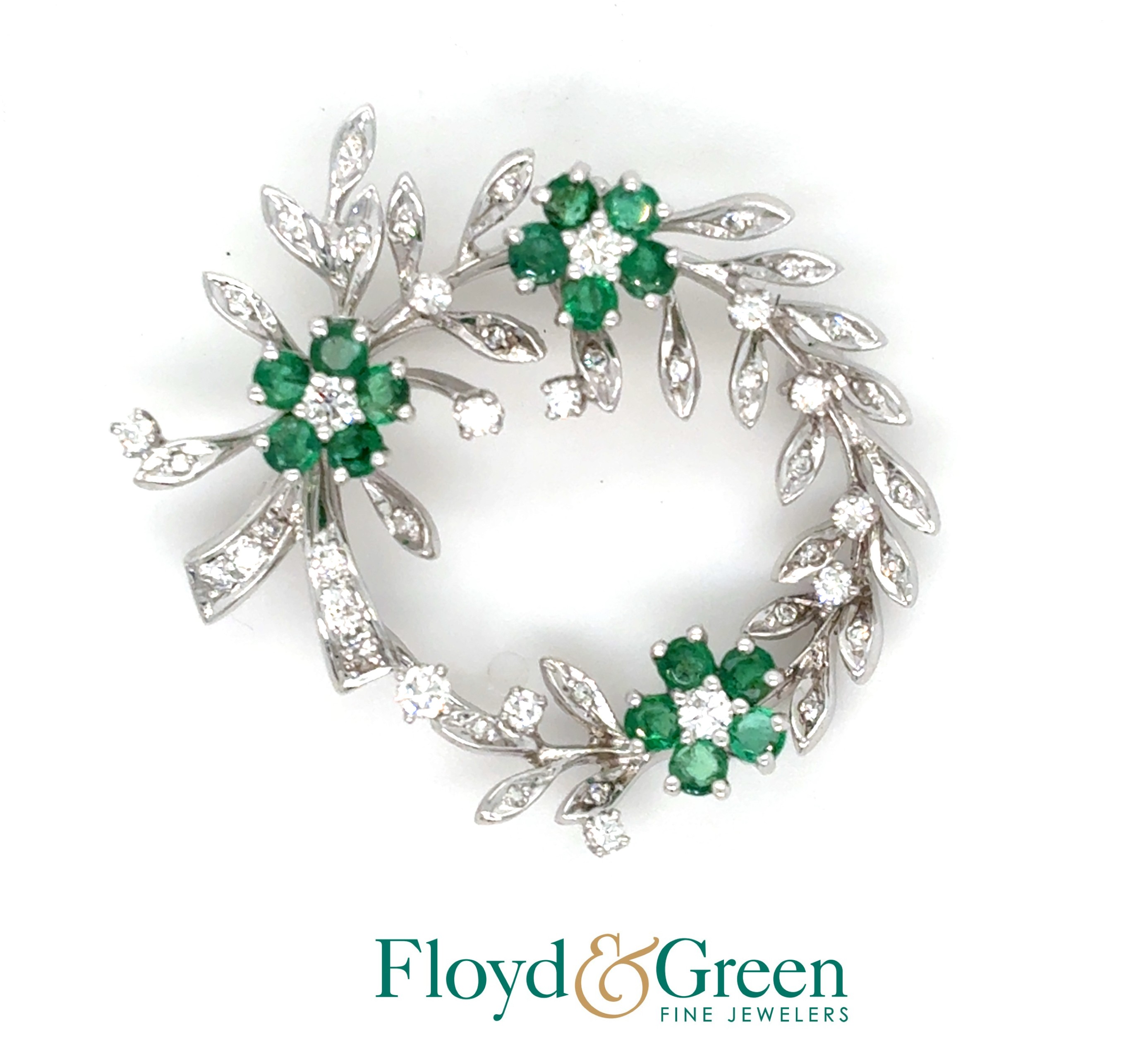 14KW Diamond & Emerald Brooch, 8 Rd, 0.15ct, 33 Single-cut, 0.26ct, H SI1, 15 Rd Emeralds, 0.83ct