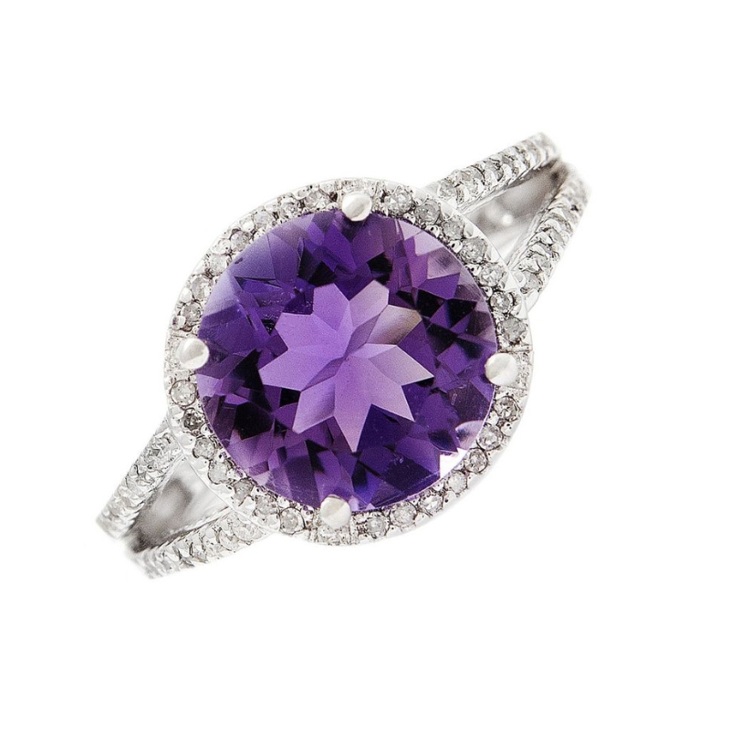 Amethyst & Diamond Halo Split Shank Ring