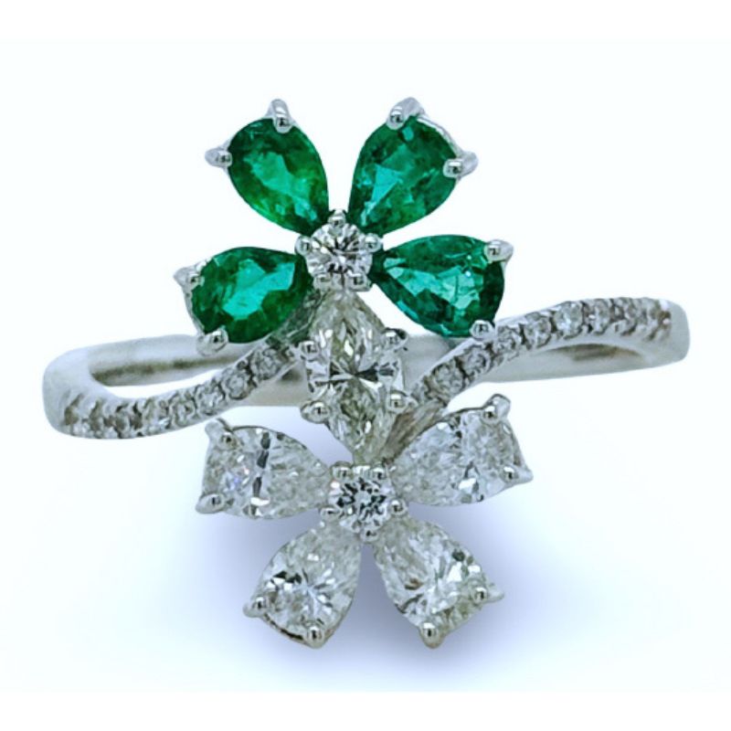 Emerald & Diamond Flower Bypass Ring