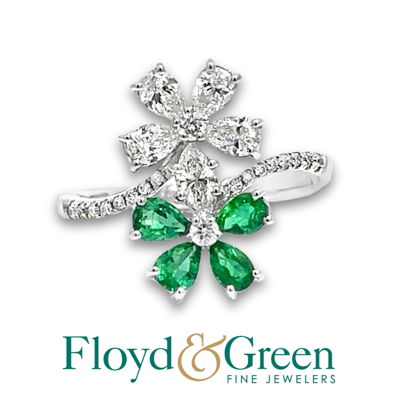 Emerald & Diamond Flower Bypass Ring