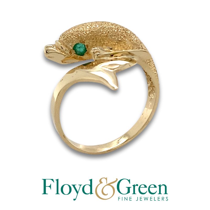 14KY Dolphin Ring w/ 2 Round Emerald Eyes - Size 7.5

4.9 g