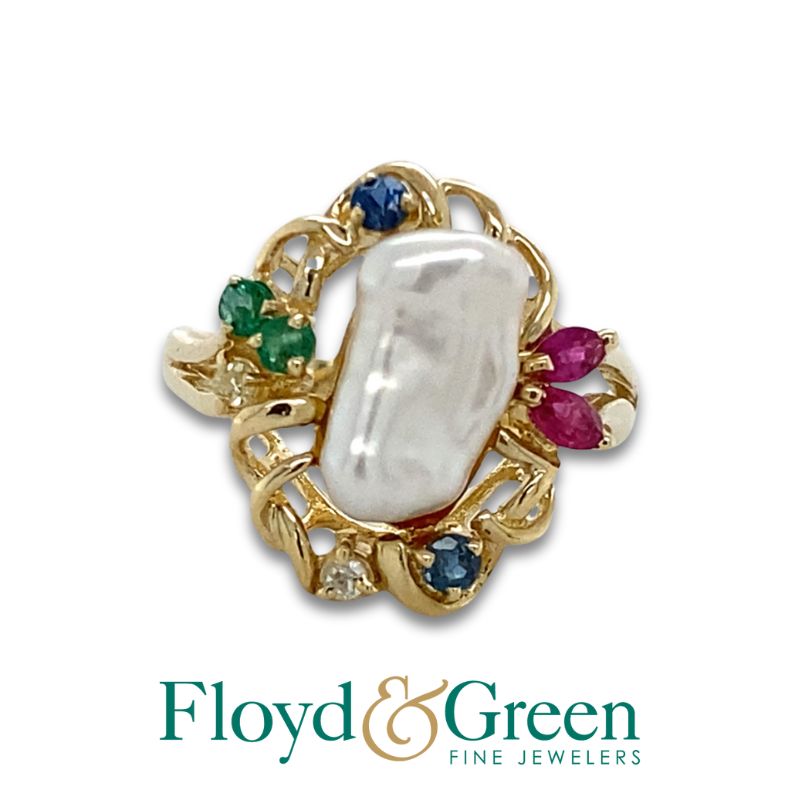 Baroque Pearl & Multicolor Gemstones Ring