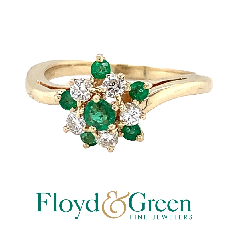 14KY Diamond & Emerald Ring, 5 Round Diamonds, 0.14ct, H SI1, 6 Round Emeralds, 0.25ct, Size 6.5