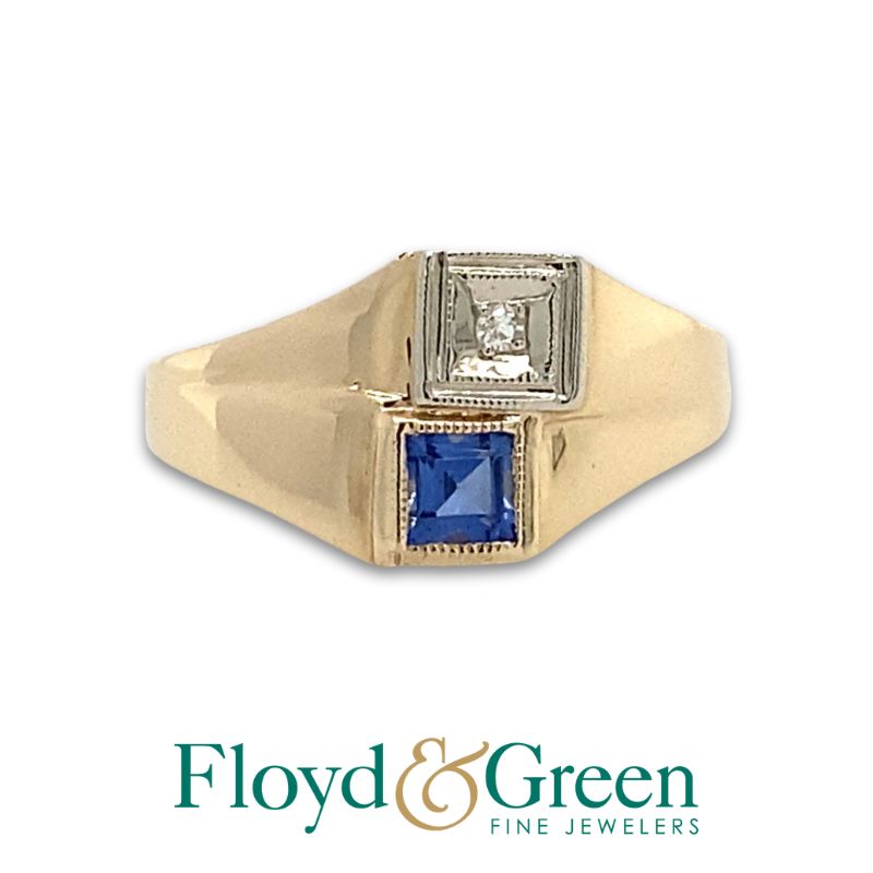 14K Two-Tone Diamond & Lab-created Sapphire Ring, Single-cut Diamond, 0.01ct, I SI1, Square Blue Sapphire, 0.16ct, Size 6.25