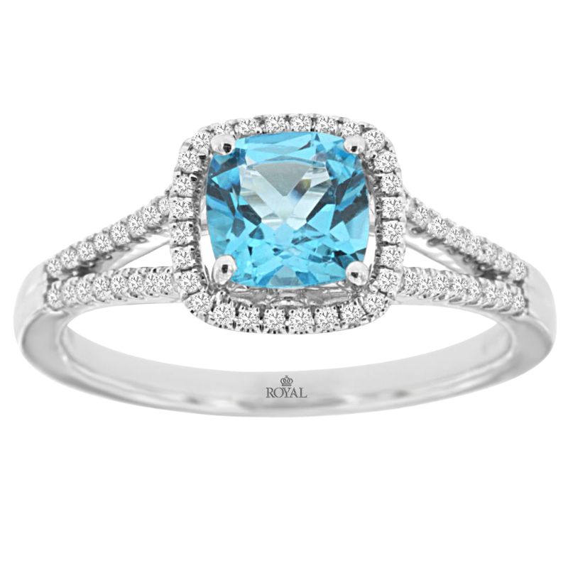 Blue Topaz & Diamond Halo Split Shank Ring