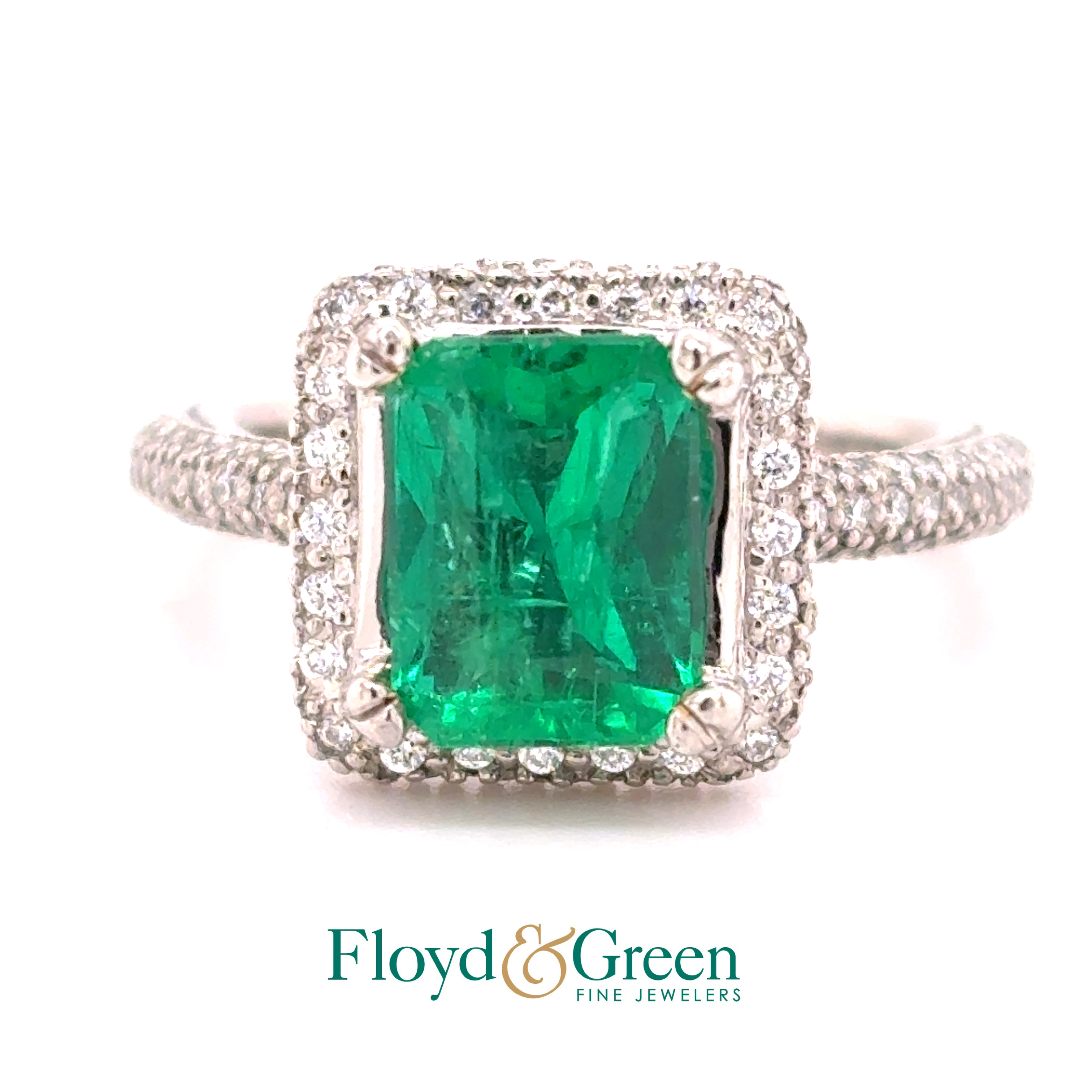 Platinum Diamond & Emerald Ring, 120 Round Diamonds, 0.48ct, G-H VS1-VS2, 1 Emerald-cut Emerald, 1.92ct, Size 4.5